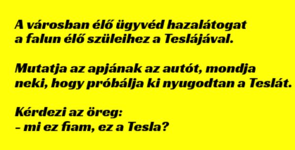 VICC: A városban élő ügyvéd hazalátogat a falun élő szüleihez a Teslájával