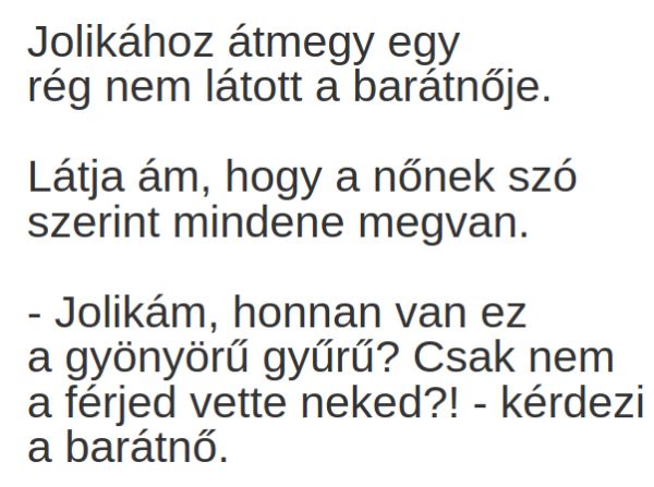 VICC: Jolikához átmegy egy rég nem látott a barátnője.  Látja ám, hogy a nő szó szerint luxusban él