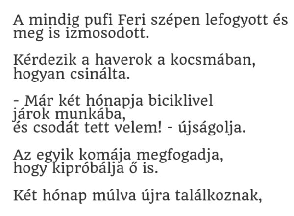 VICC: A mindig pufi Feri szépen lefogyott és  meg is izmosodott. Kérdezik a haverok a kocsmában,  hogyan csinálta.