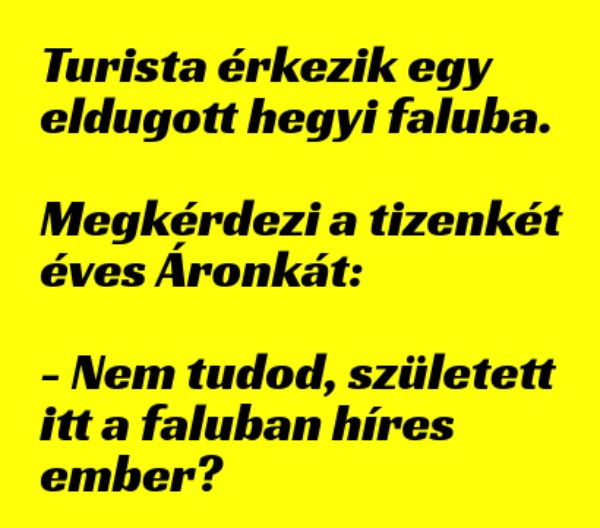 VICC: Turista érkezik egy eldugott hegyi faluba.  Megkérdezi a 12 éves Áronkát: