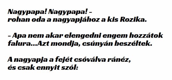 VICC:  Apa nem akar elengedni engem hozzátok falura… Azt mondja, csúnyán beszéltek.