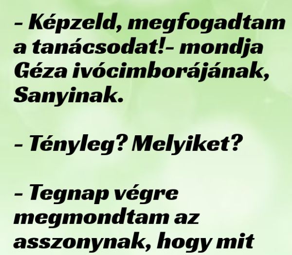 VICC: Képzeld, megfogadtam a tanácsodat! – mondja Géza ivócimborájának, Sanyinak.