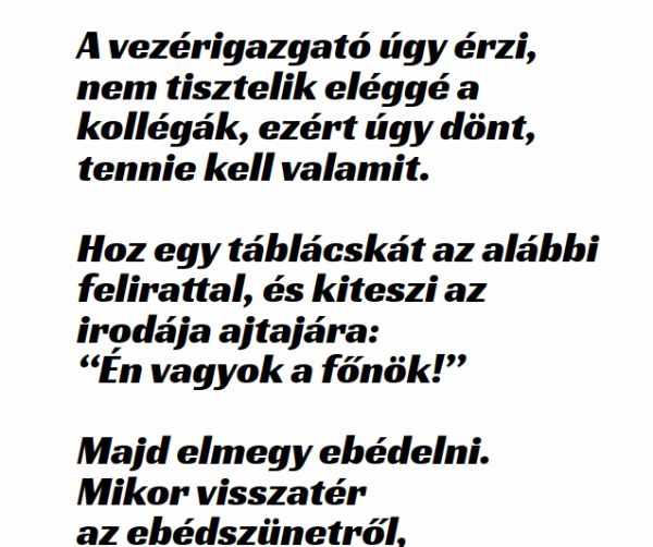 VICC: A vezérigazgató úgy érzi, nem tisztelik eléggé a kollégák, ezért úgy dönt, tennie kell valamit