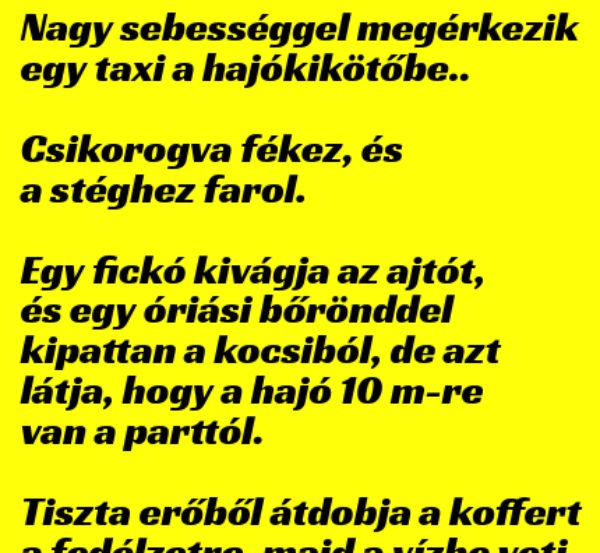 VICC: Nagy sebességgel megérkezik egy taxi a hajókikötőbe és csikorogva fékez