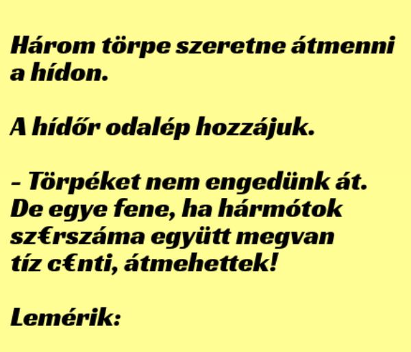 VICC: Három törpe szeretne átmenni a hídon. A hídőr odalép hozzájuk