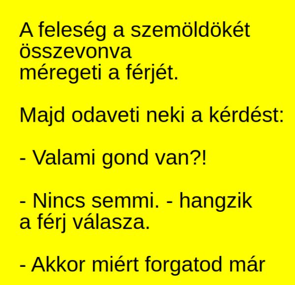 VICC: A feleség a szemöldökét összevonva, gyanúsan méregeti a férjét. Majd odaveti neki a kérdést:
