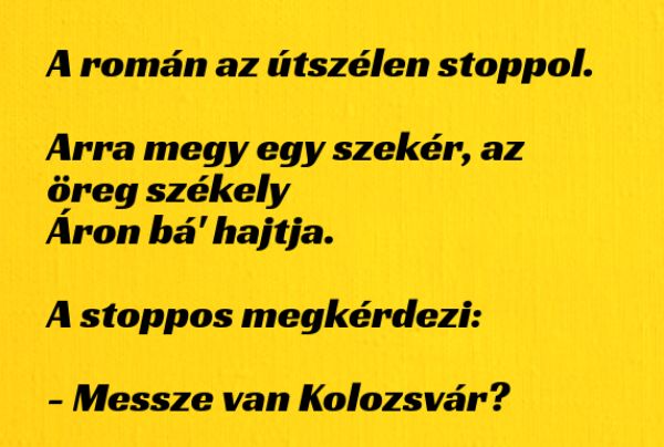 VICC: A román az útszélen stoppol.  Arra megy egy szekér, az öreg székely Áron bá’ hajtja.