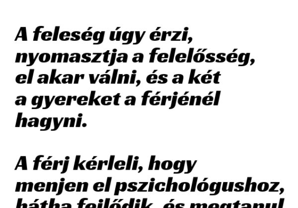 VICC: A feleség úgy érzi, nyomasztja a felelősség, el akar válni, és a két a gyereket a férjénél hagyni.