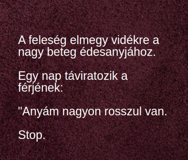 VICC: A feleség elmegy vidékre a  nagy beteg édesanyjához. Egy nap táviratozik a  férjének: