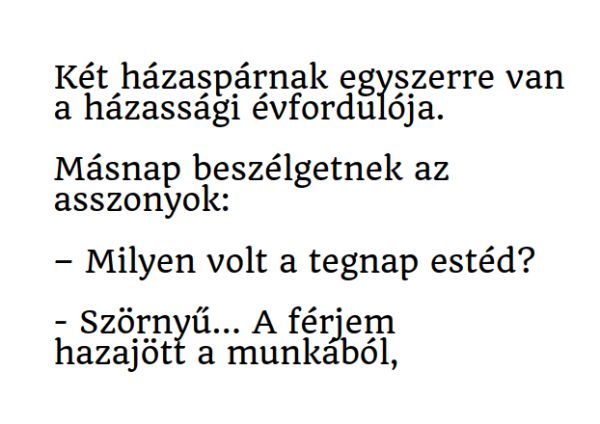 VICC: Két házaspárnak egyszerre van a házassági évfordulója.  Másnap beszélgetnek az asszonyok: