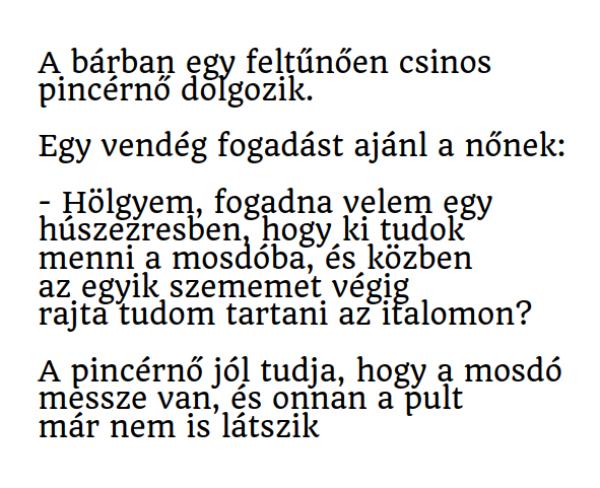 VICC: A bárban egy feltűnően csinos pincérnő dolgozik. Egy vendég fogadást ajánl a nőnek: