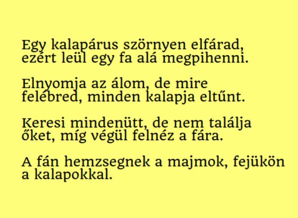 VICC: Egy kalapárus szörnyen elfárad, ezért leül egy fa alá megpihenni. Elnyomja az álom, de mire felébred, minden kalapja eltűnt.