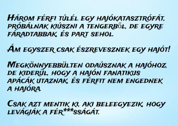 VICC: Három férfi túlél egy hajókatasztrófát, próbálnak kiúszni a tengerből, de egyre fáradtabbak, és part sehol.